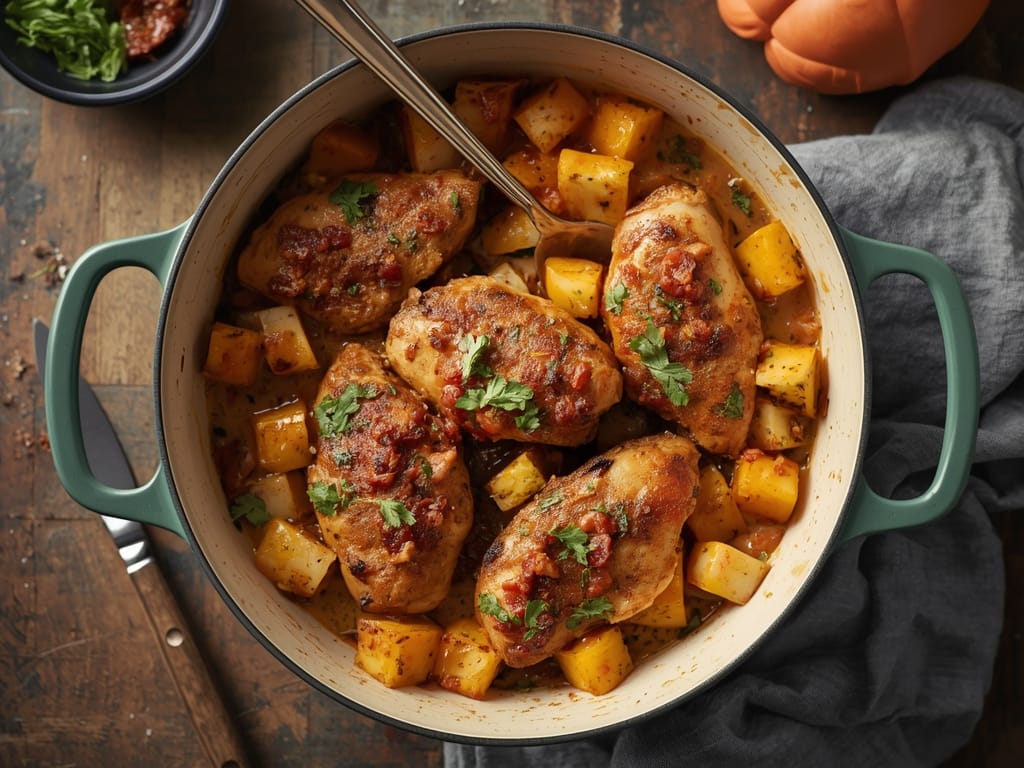 Tuscan chicken squash with creamy garlic sauce, sun dried tomatoes, spinach, and spaghetti squash
