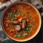 Creamy Tuscan sausage soup with potatoes and kale in a bowl