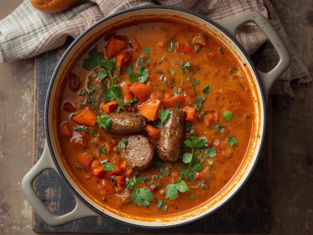 Creamy Tuscan sausage soup with potatoes and kale in a bowl
