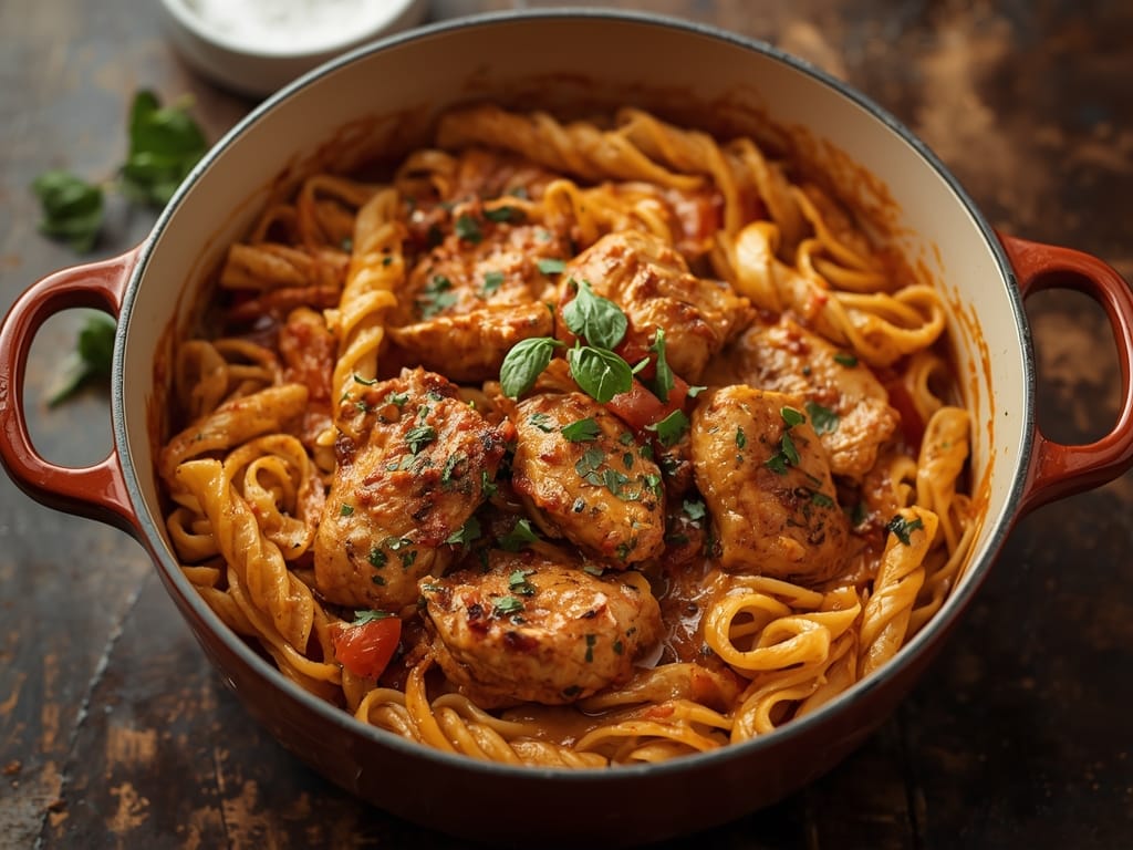 Spicy creamy chicken pasta with Parmesan and sun dried tomatoes