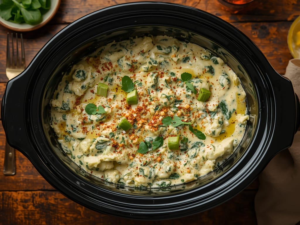 Crockpot spinach artichoke dip creamy and cheesy