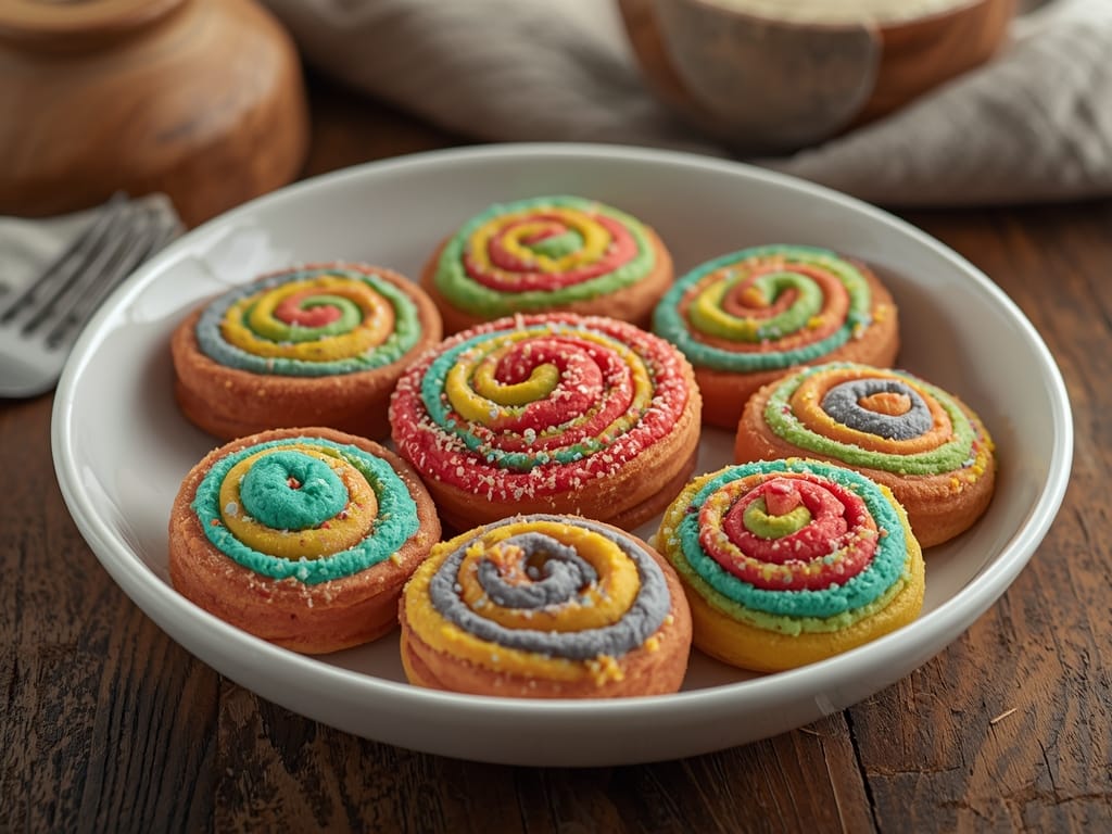 Colorful spiral sugar cookies with vibrant swirls