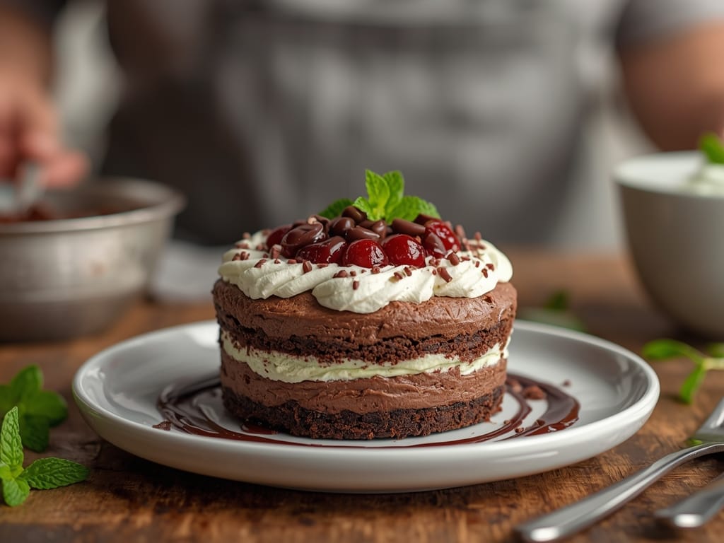 Layered mint chocolate dessert with Oreo crust, mint pudding, whipped cream, and chocolate ganache