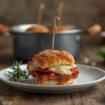 Baked Reuben sliders with corned beef, Swiss cheese, and sauerkraut on Hawaiian rolls