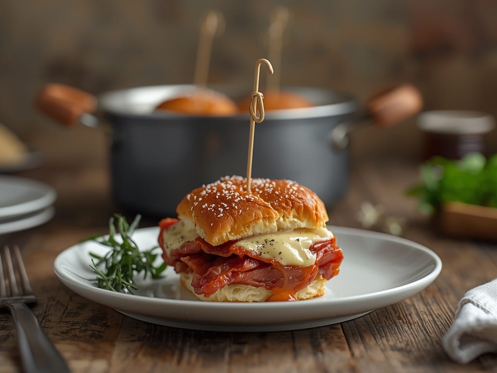 Baked Reuben sliders with corned beef, Swiss cheese, and sauerkraut on Hawaiian rolls