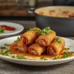 Steak and shrimp cooked in garlic butter sauce served on a plate