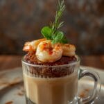 Steak and shrimp cooked in garlic butter sauce served on a plate