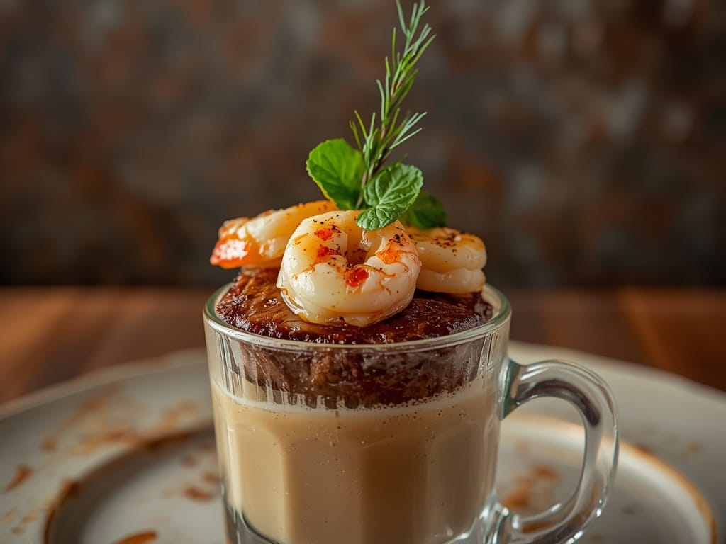 Steak and shrimp cooked in garlic butter sauce served on a plate