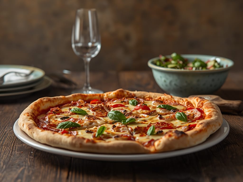 Classic homemade pizza with melted mozzarella and golden crust on a wooden board