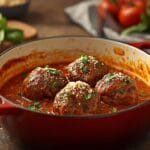 Sicilian beef braciole simmered in rich tomato sauce with herbs and parmesan