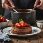 Strawberry chocolate cheesecake with chocolate swirl and fresh strawberry topping