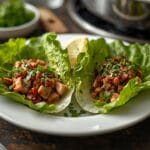 Seared tuna lettuce wraps with mango salsa and fresh herbs
