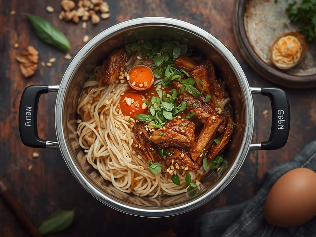 Ginger rice noodle bowl with vegetables and sesame seeds