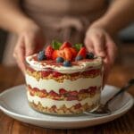 Romantic layered trifle with chocolate cake, raspberries, and whipped cream in a glass