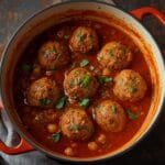 Spicy chickpea meatball stew with harissa tomato sauce and fresh herbs