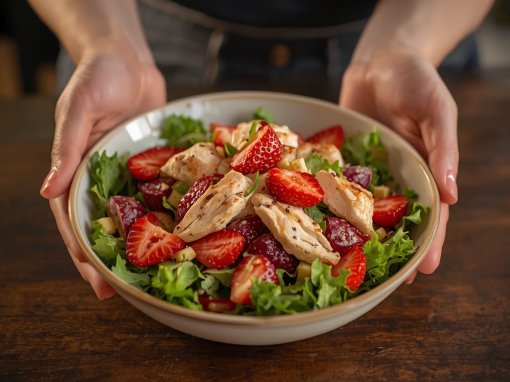 Fresh strawberry chicken salad with almonds and creamy dressing