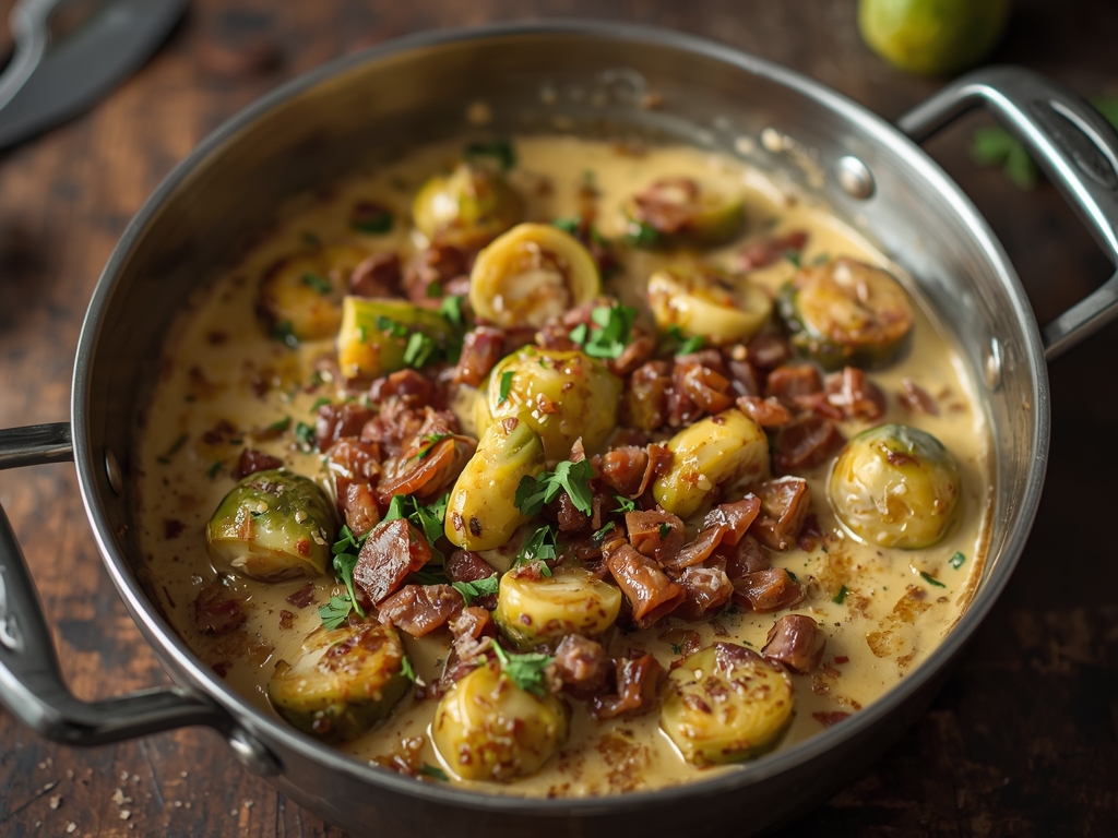 Creamy brussels sprouts with crispy pancetta, parmesan cheese, and rich cream sauce in a skillet