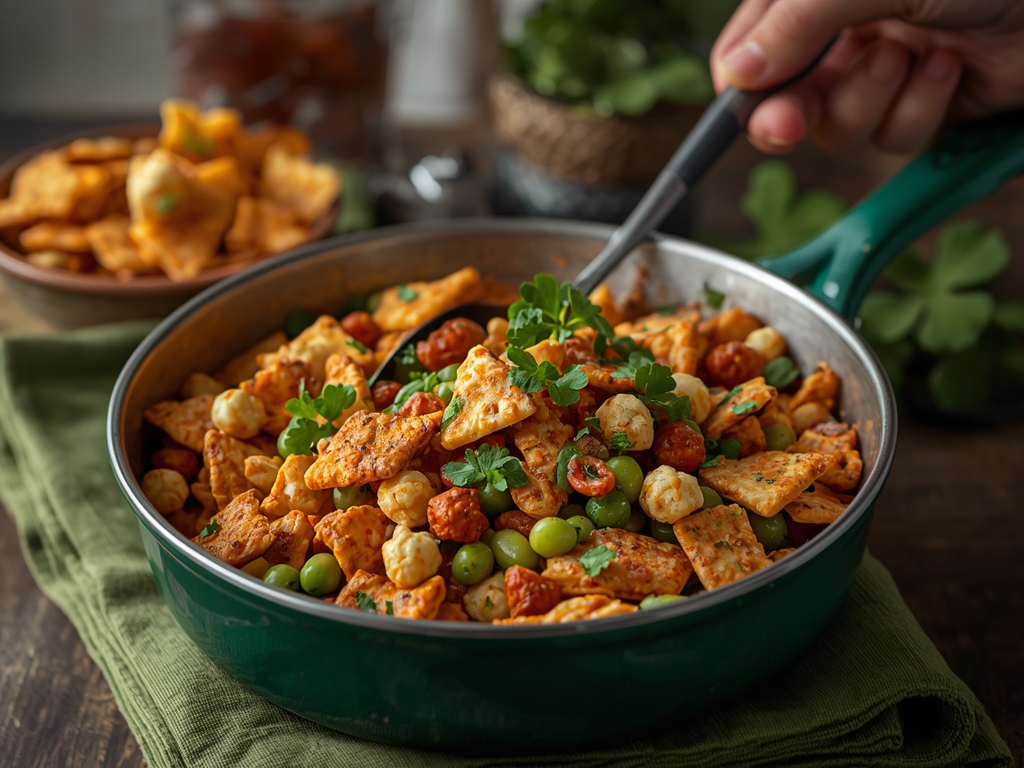 St Patrick snack mix with pretzels, popcorn, green candies, marshmallows, and white chocolate in festive green and gold colors