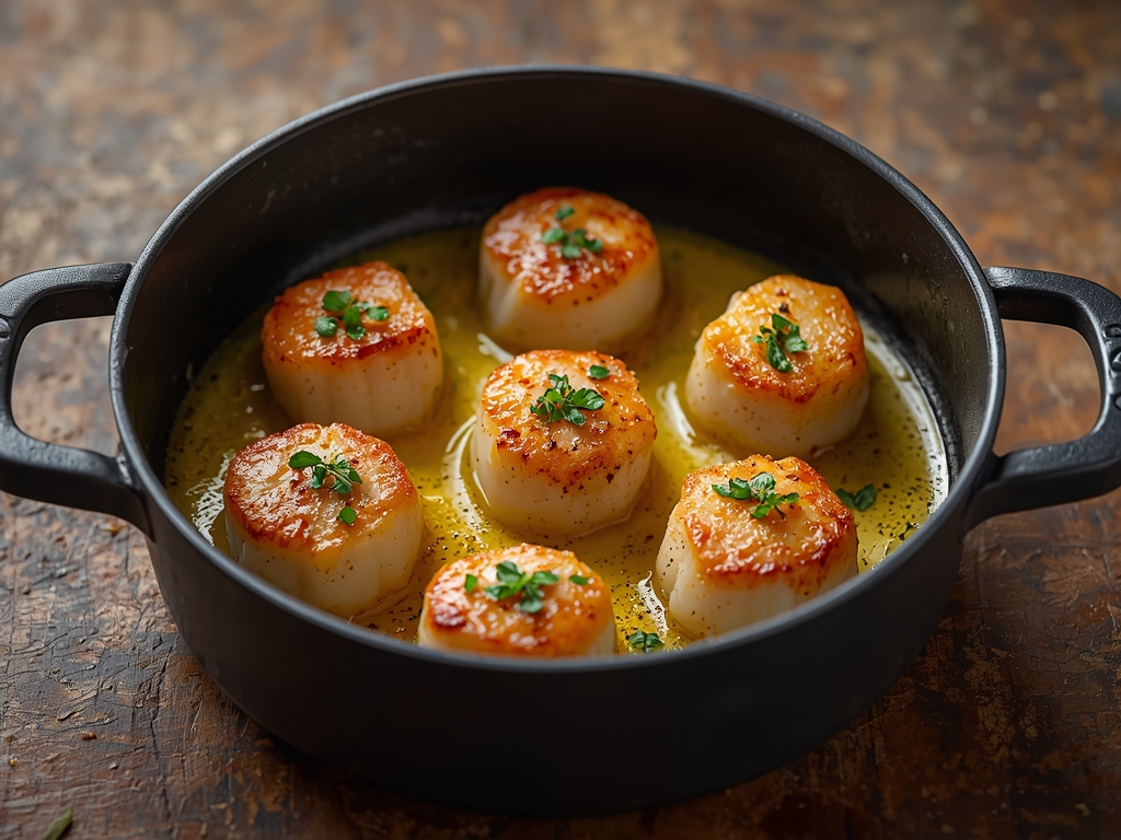 Butter seared scallops golden brown in a skillet with sage, garlic, and lemon butter sauce