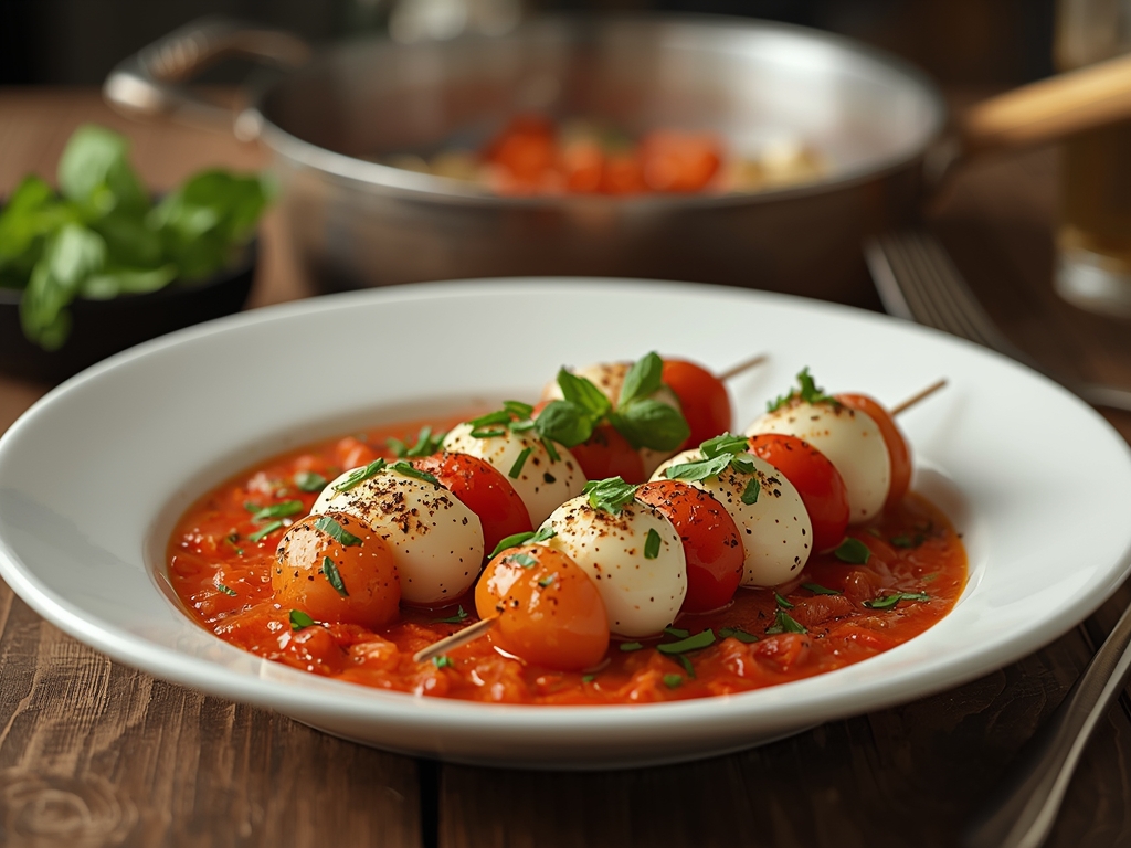 Mini caprese skewers with cherry tomatoes, fresh mozzarella, basil leaves, and balsamic glaze