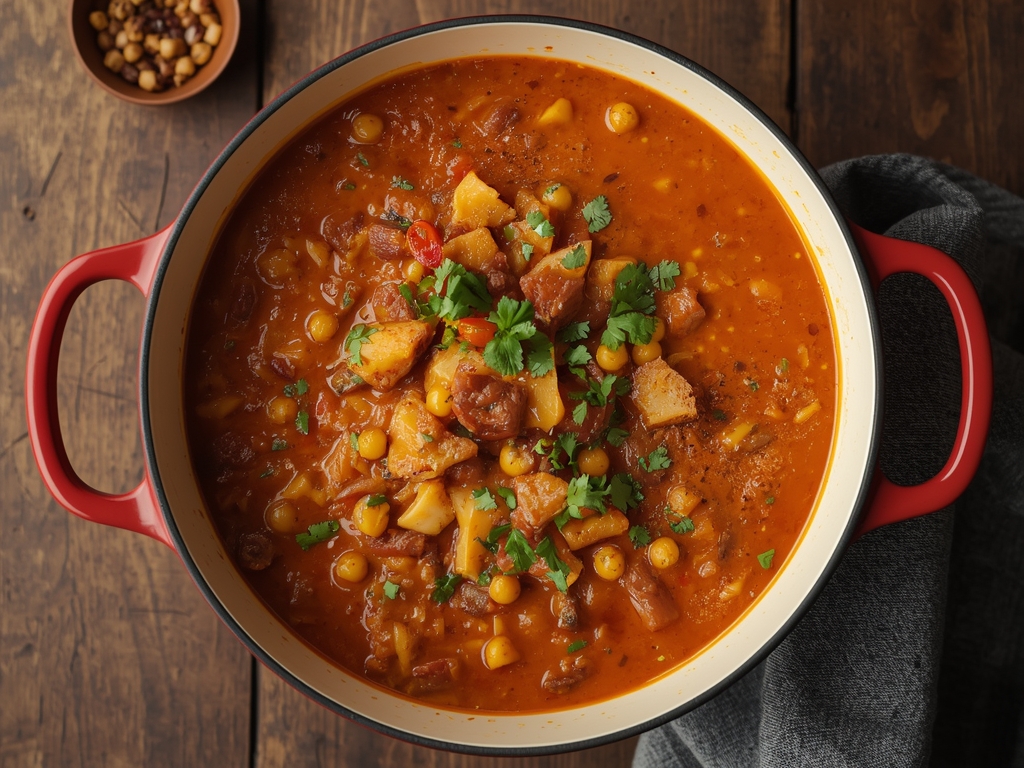 Hearty chickpea soup with vegetables and greens simmered in a rich broth, served in a cozy bowl
