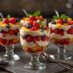 Colorful fruit salad parfait with fresh fruit and yogurt