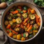 Roasted seasonal spring vegetables on a baking sheet