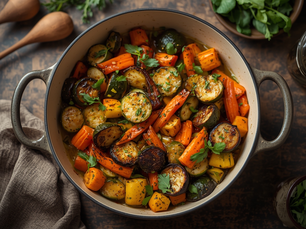 Roasted seasonal spring vegetables on a baking sheet
