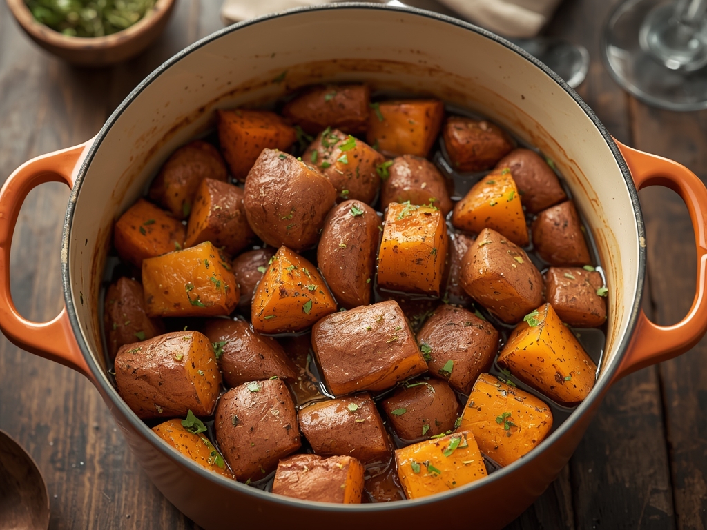 Oven roasted herbed sweet potatoes with rosemary and thyme, crispy caramelized edges, served on a rustic plate