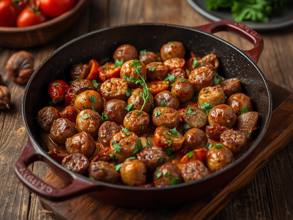 Roasted sausage veggie pan with colorful vegetables