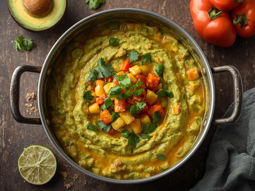 Mango chili guacamole with fresh avocado, mango chunks, lime, and chili peppers