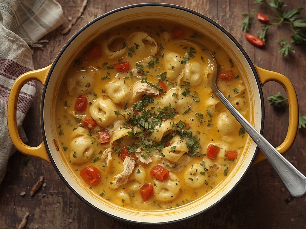 Creamy chicken tortellini soup with tender chicken and cheese tortellini