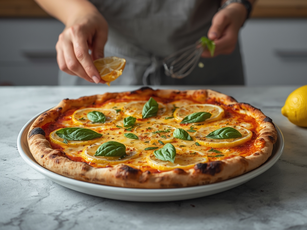 Zesty lemon pizza topped with ricotta cheese, fresh lemon slices, and basil