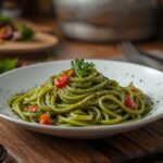 Festive green pasta made with creamy spinach sauce and Parmesan cheese