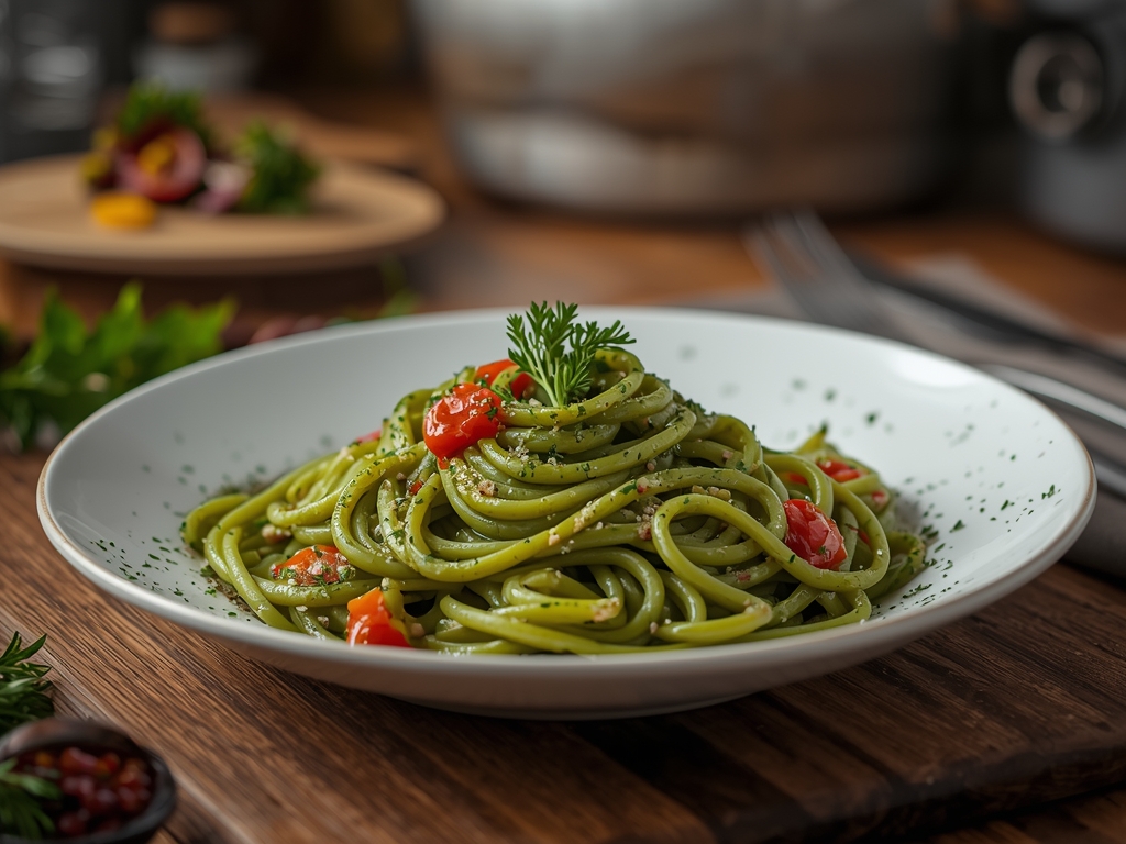 Festive green pasta made with creamy spinach sauce and Parmesan cheese