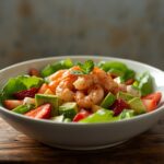 Strawberry avocado shrimp salad with fresh spinach and balsamic dressing
