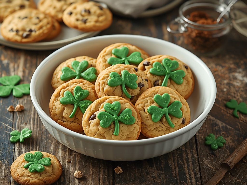 Festive St Patrick cookies decorated in green and gold