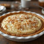 Coconut caramel cookie pie with toasted coconut and chocolate drizzle
