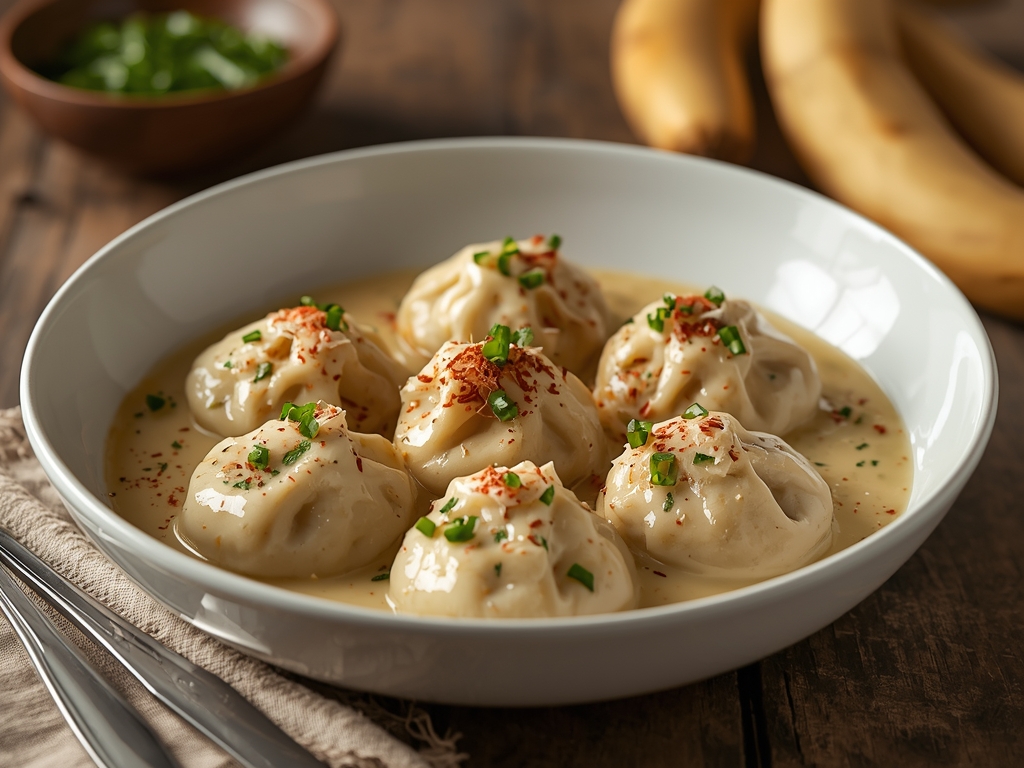 Creamy chicken dumplings in a bowl with parsley garnish
