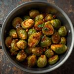 Spicy garlic Brussels sprouts roasted until crispy