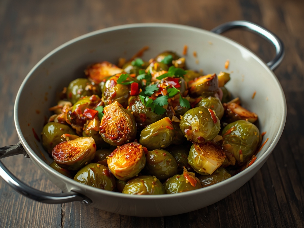 Spicy garlic Brussels sprouts roasted until crispy