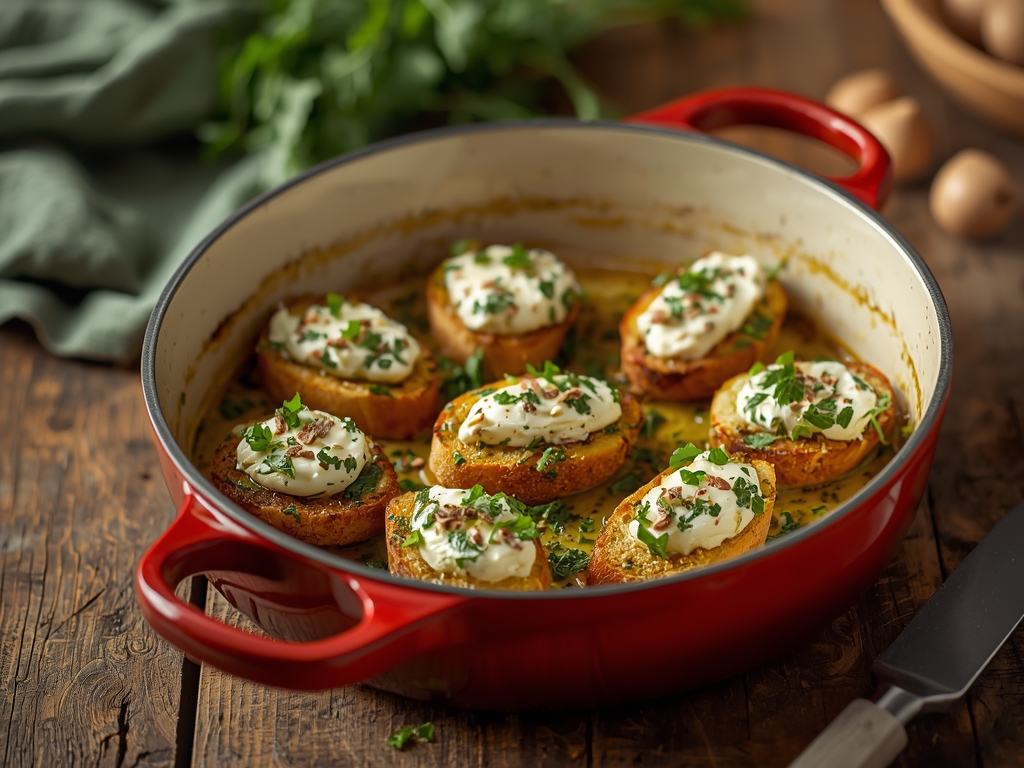 Pesto goat cheese crostini on toasted baguette slices