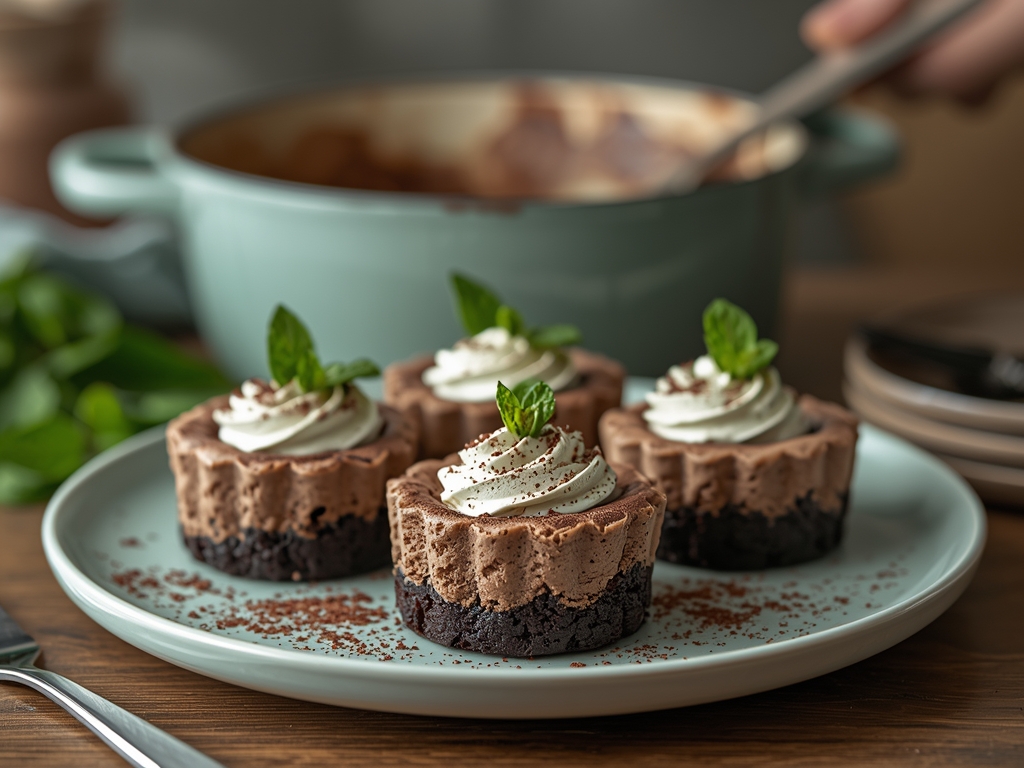 Mint chocolate mini cheesecakes topped with chopped Andes mints