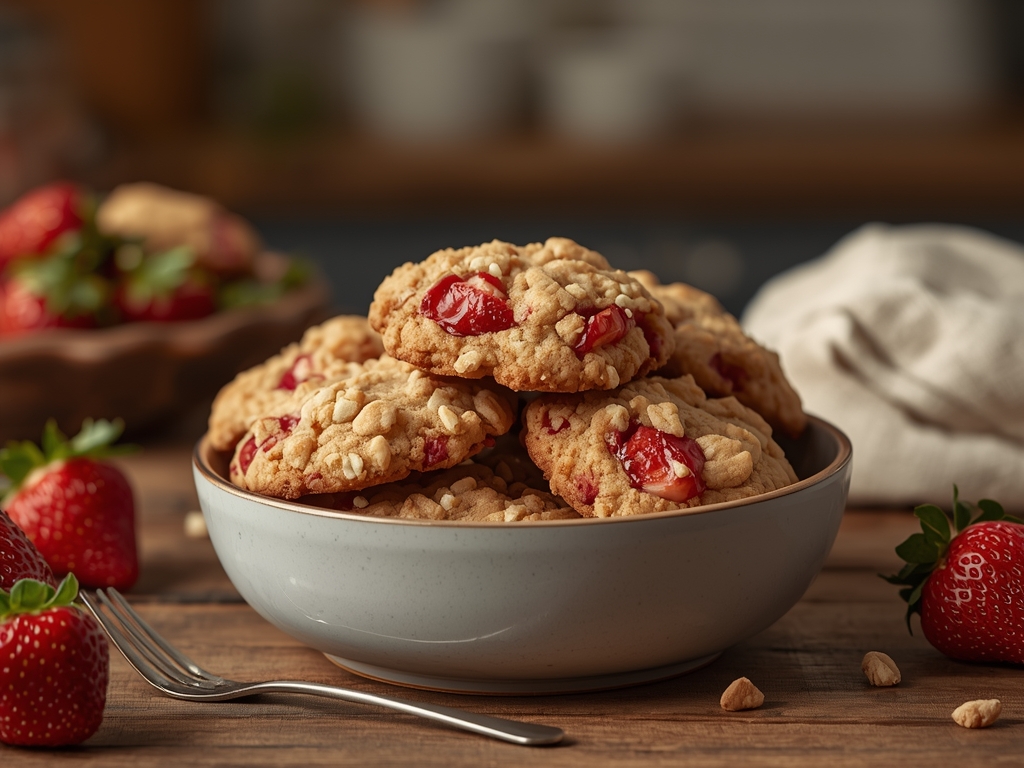 Strawberry crunch cookies with freeze dried strawberries and crumble topping