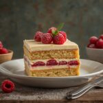 Vanilla raspberry layer cake with vanilla buttercream and fresh raspberries on top