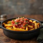 Spicy loaded fries topped with melted cheddar cheese, creamy spicy sauce, and green onions, served hot and crispy.