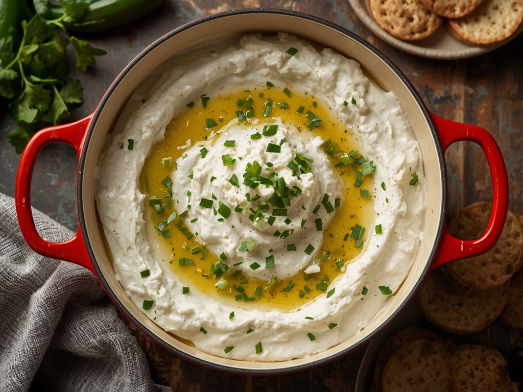 Creamy cucumber feta dip with fresh dill and olive oil served with pita bread.