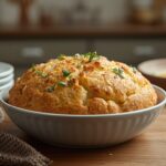 Savory cheddar soda bread loaf with melted cheese and herbs on top.
