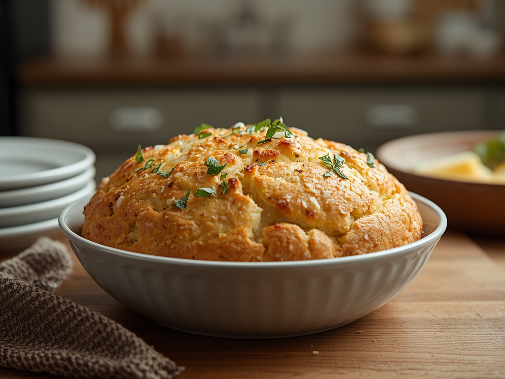 Savory cheddar soda bread loaf with melted cheese and herbs on top.