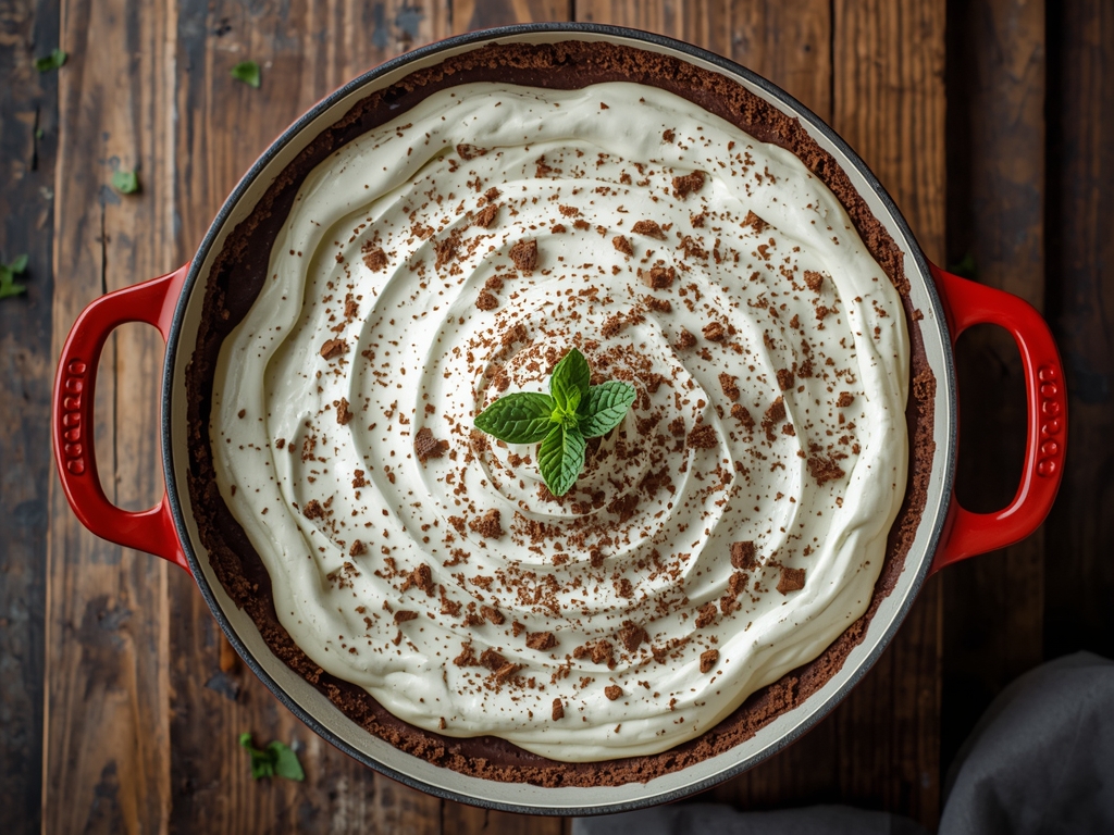 Slice of mint chocolate cream pie with chocolate ganache and mint garnish.